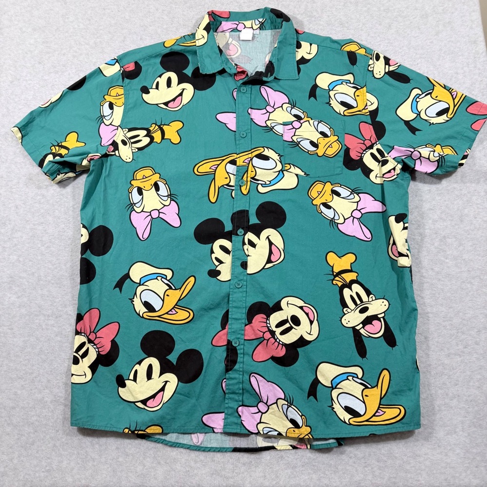 Disney Teal Short Sleeve Button-Down Shirt with Mickey & Friends Print